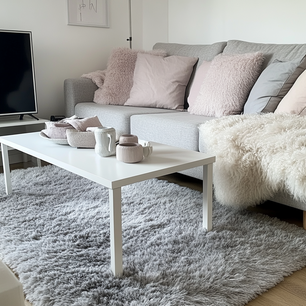 A grey fluffy rug in a cosy living room